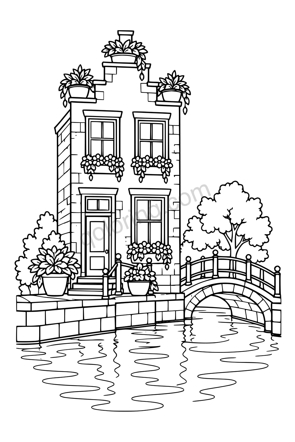 Black outline drawing of a canal house with rooftop plants beside an arched footbridge.