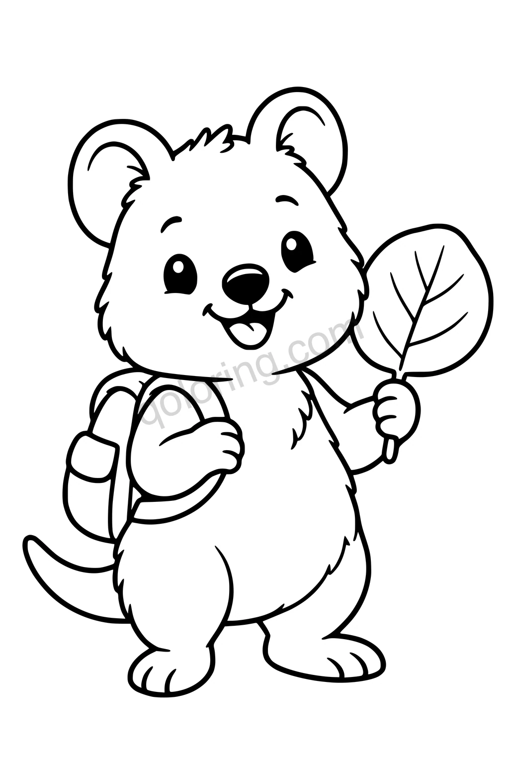 Black outline coloring page: Quokka with a Tiny Backpack.