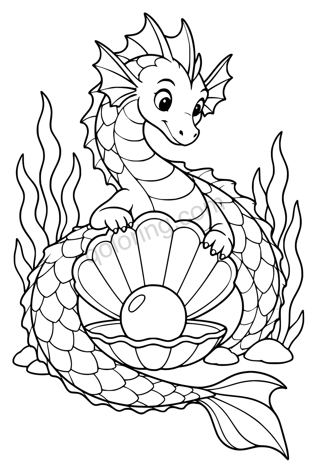 Black outline drawing of a smiling sea dragon curled around an open shell and pearl with seaweed behind.