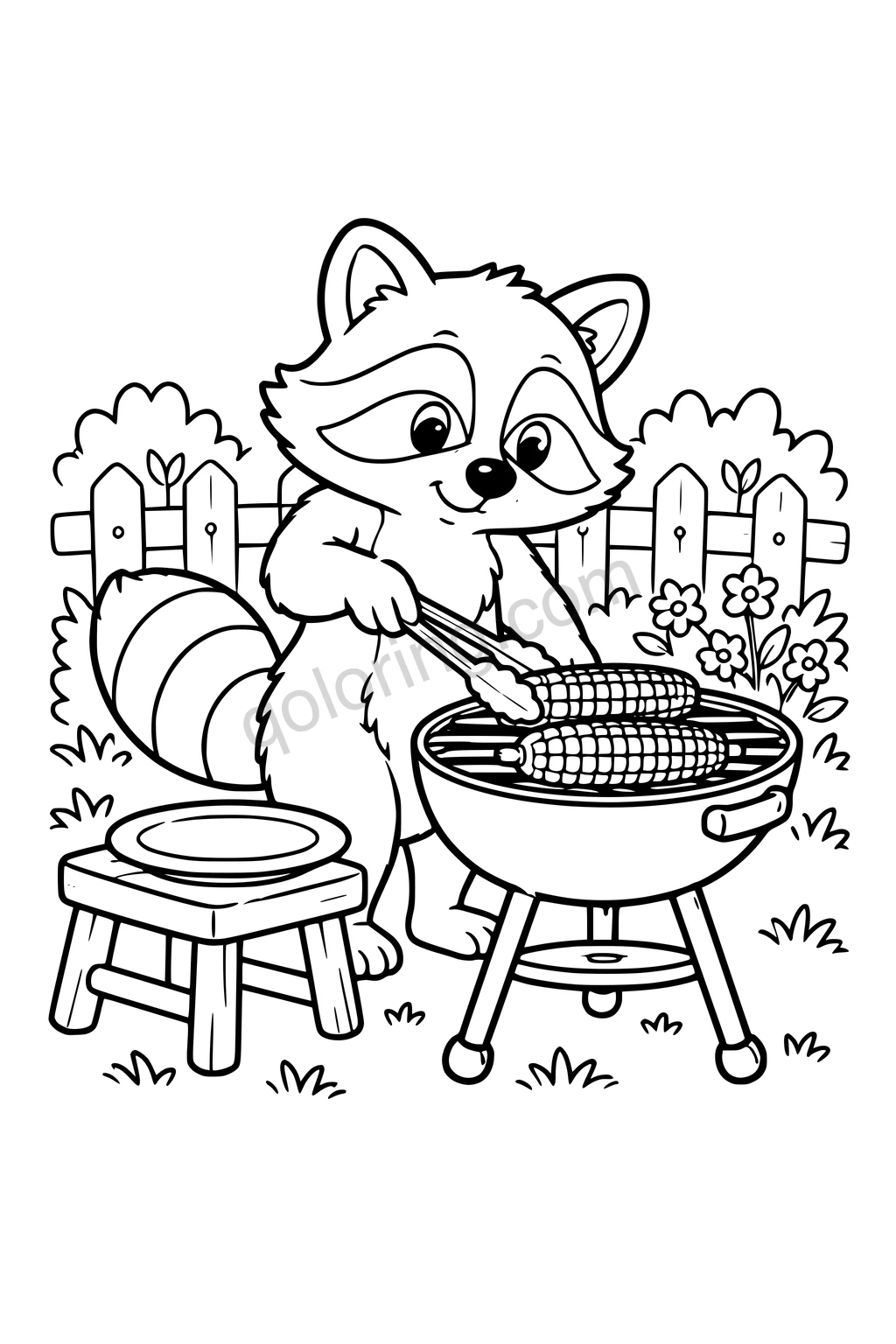 Black outline drawing of a raccoon using tongs at a small rounded outdoor grill to turn two broad ears of corn, with a picnic plate, a low stool and a simple fence behind.