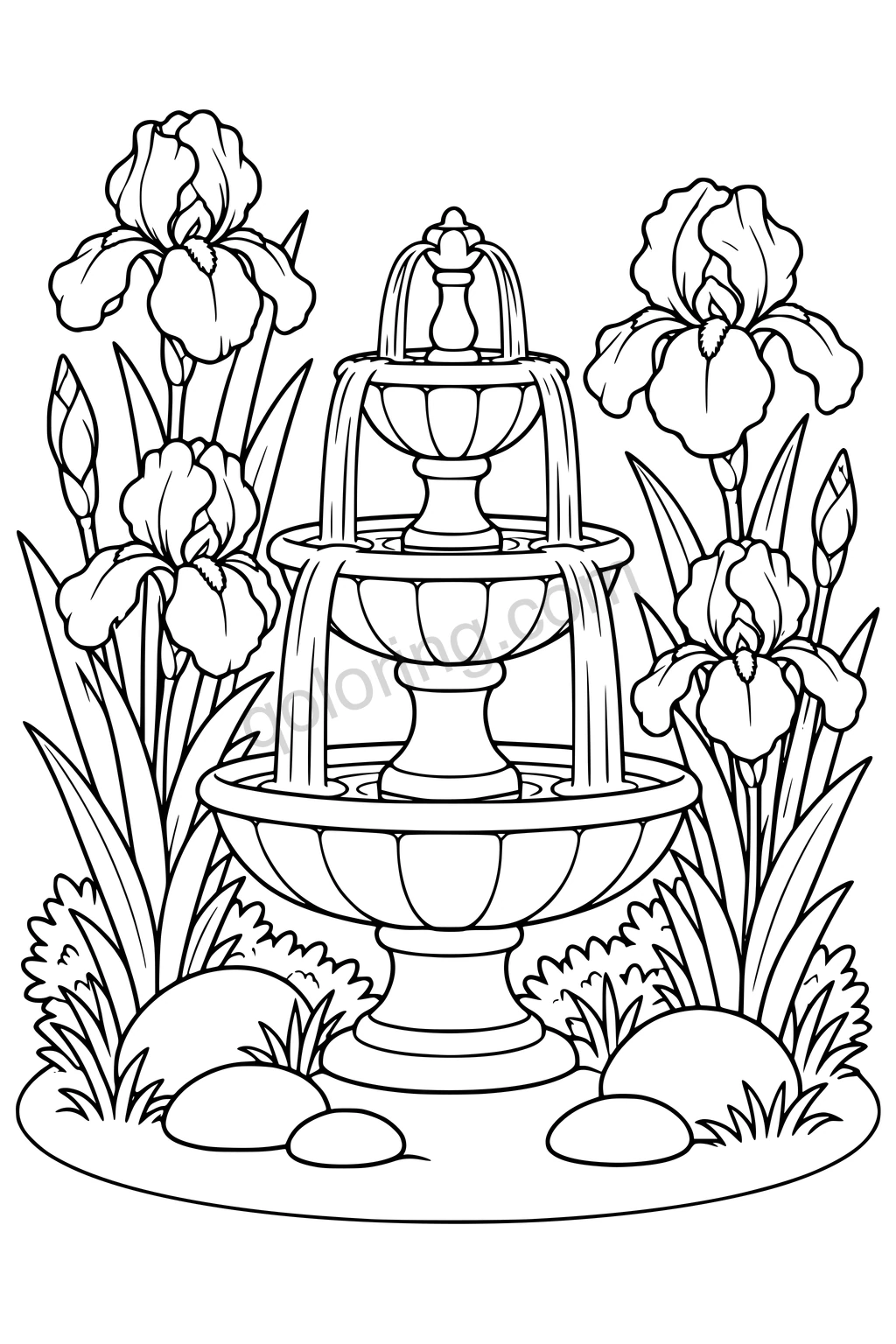 Black outline drawing of a three-tier fountain among iris flowers, buds, leaves, and smooth stones.