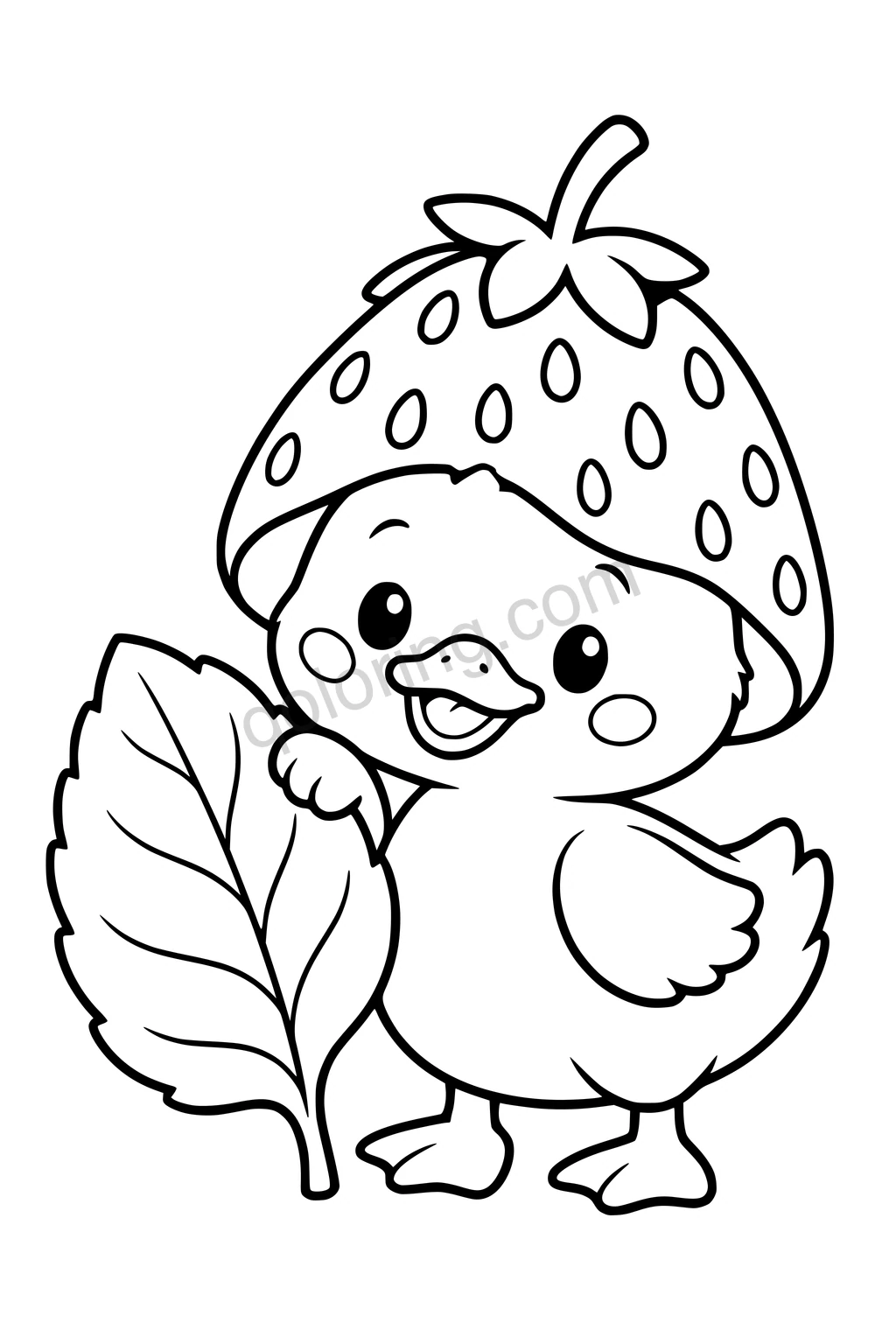 Black outline coloring page: Duckling Wearing a Berry Cap.