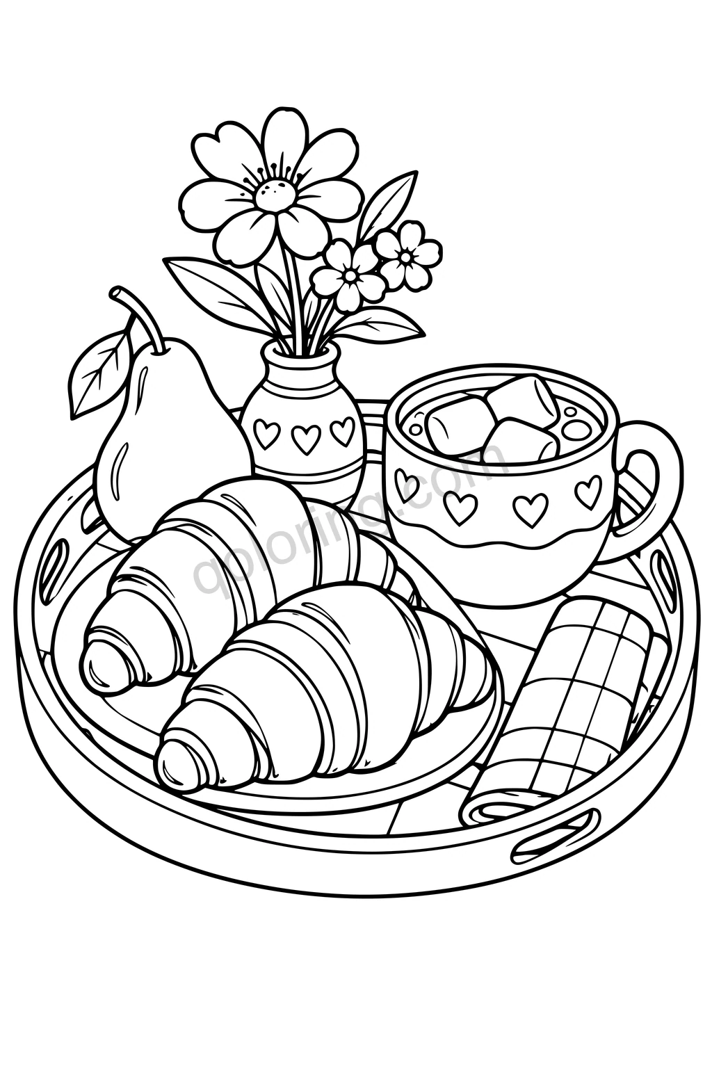Black outline drawing of a large inviting breakfast tray holding two broad croissants, a rounded cocoa cup with large marshmallows, a pear and a folded napkin, with one simple flower vase.