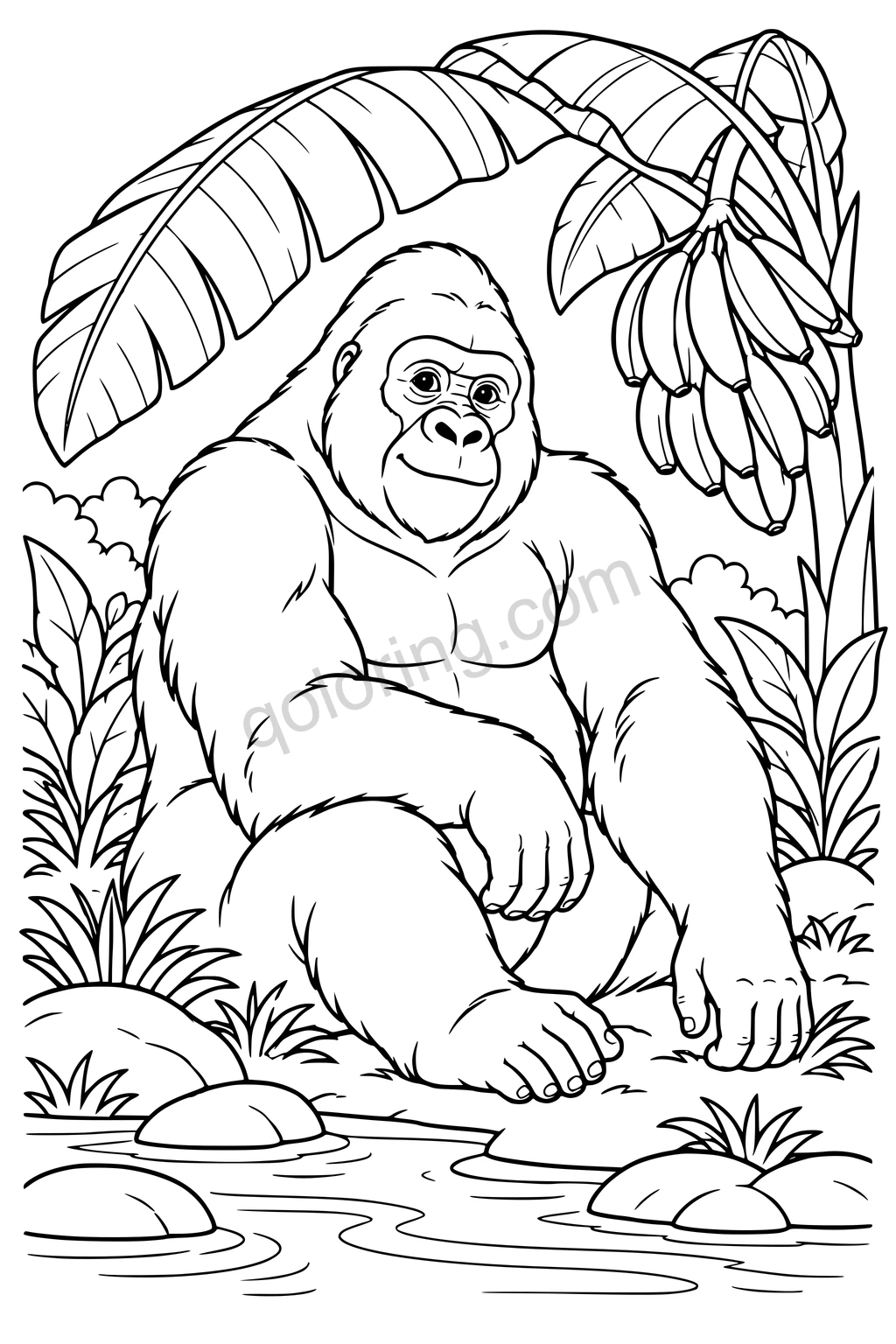 Black outline drawing of a gorilla in a banana grove.