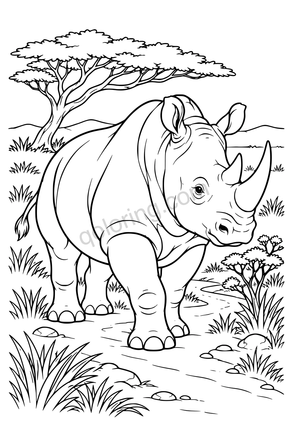 Black outline drawing of a rhinoceros along a dusty path.