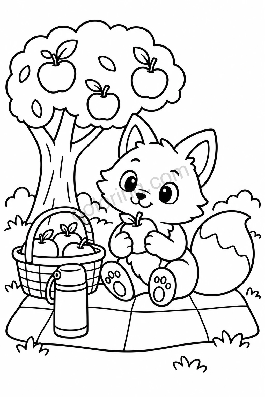A fox holding an apple beneath an apple tree, seated on a picnic blanket beside a basket and thermos.