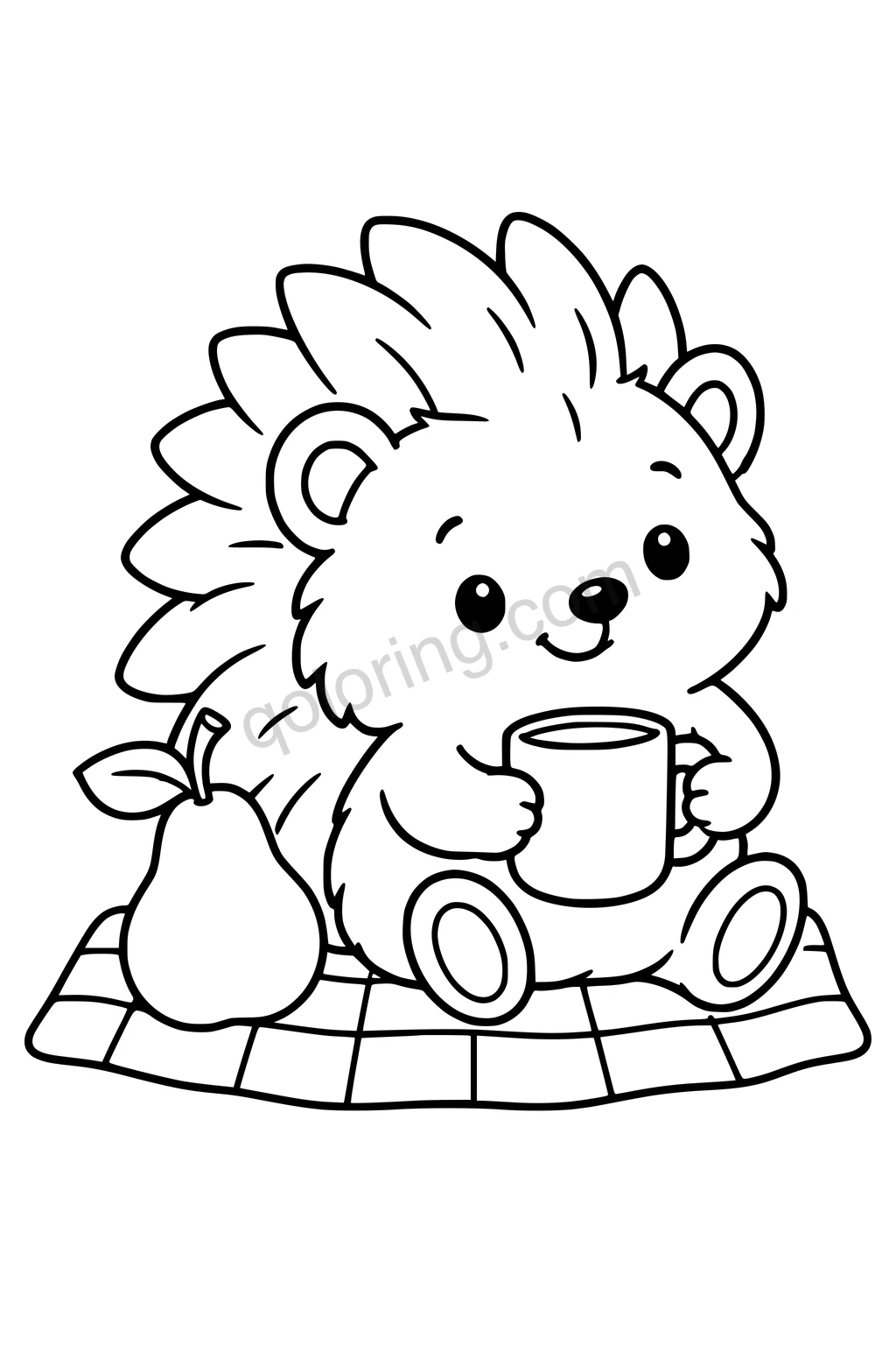 Black outline coloring page: Hedgehog and the Pear Picnic.