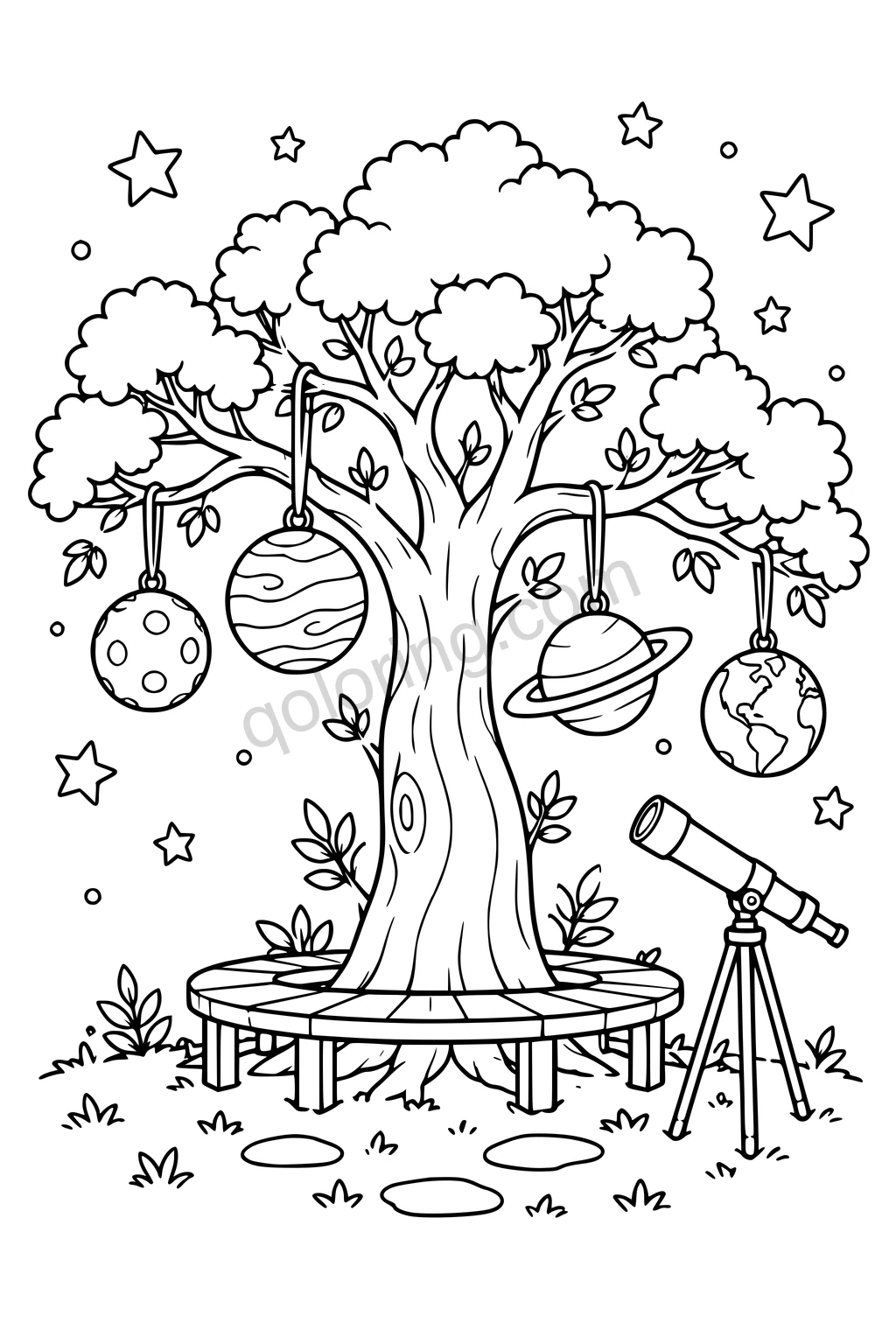 Black outline drawing of planets hanging from a tree above a circular bench and telescope.