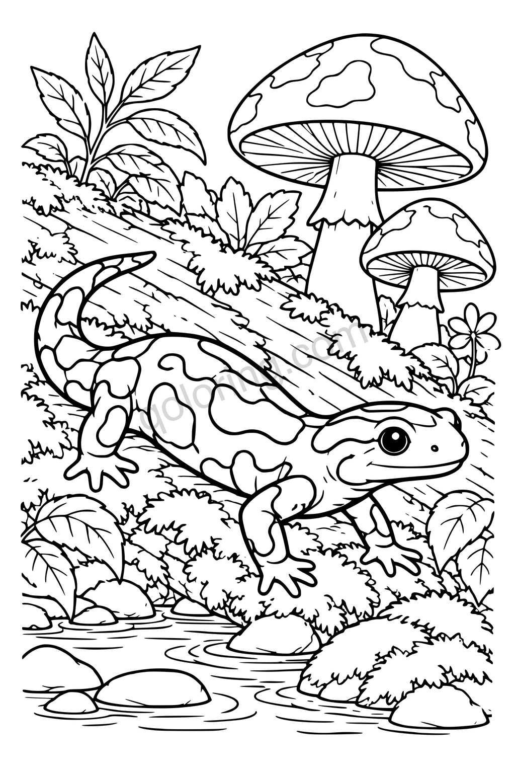 Black outline drawing of a salamander beneath a mossy log.