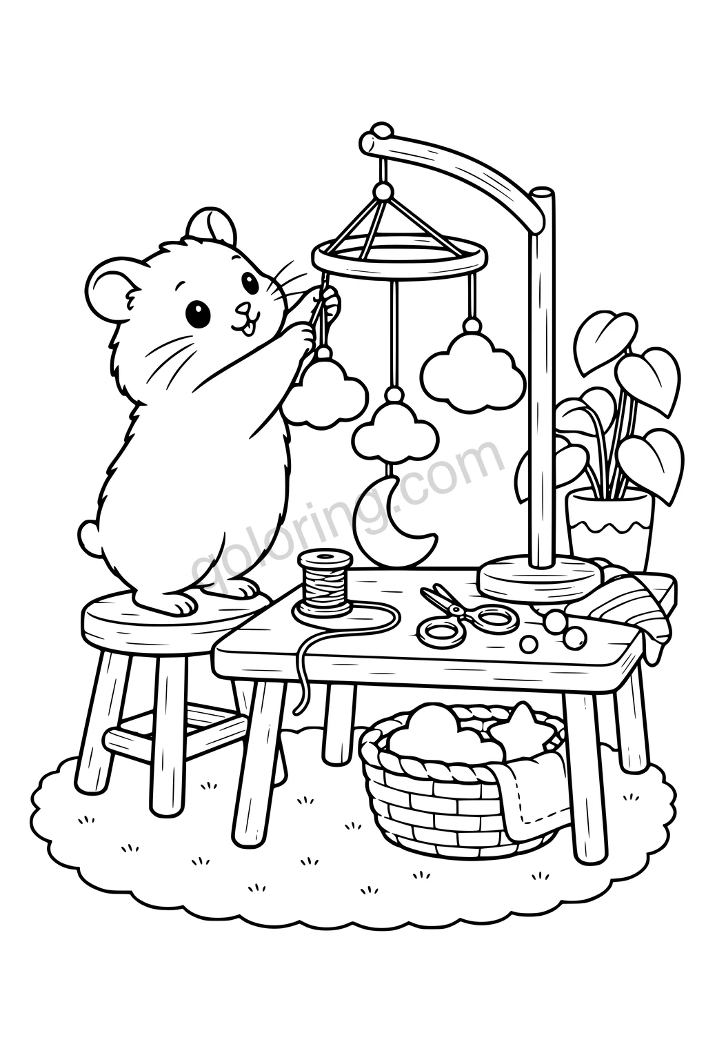 Black outline drawing of a hamster standing on a low stool assembling a hanging mobile of three broad cloud shapes and a crescent moon over a small craft table, with a spool and blunt scissors.