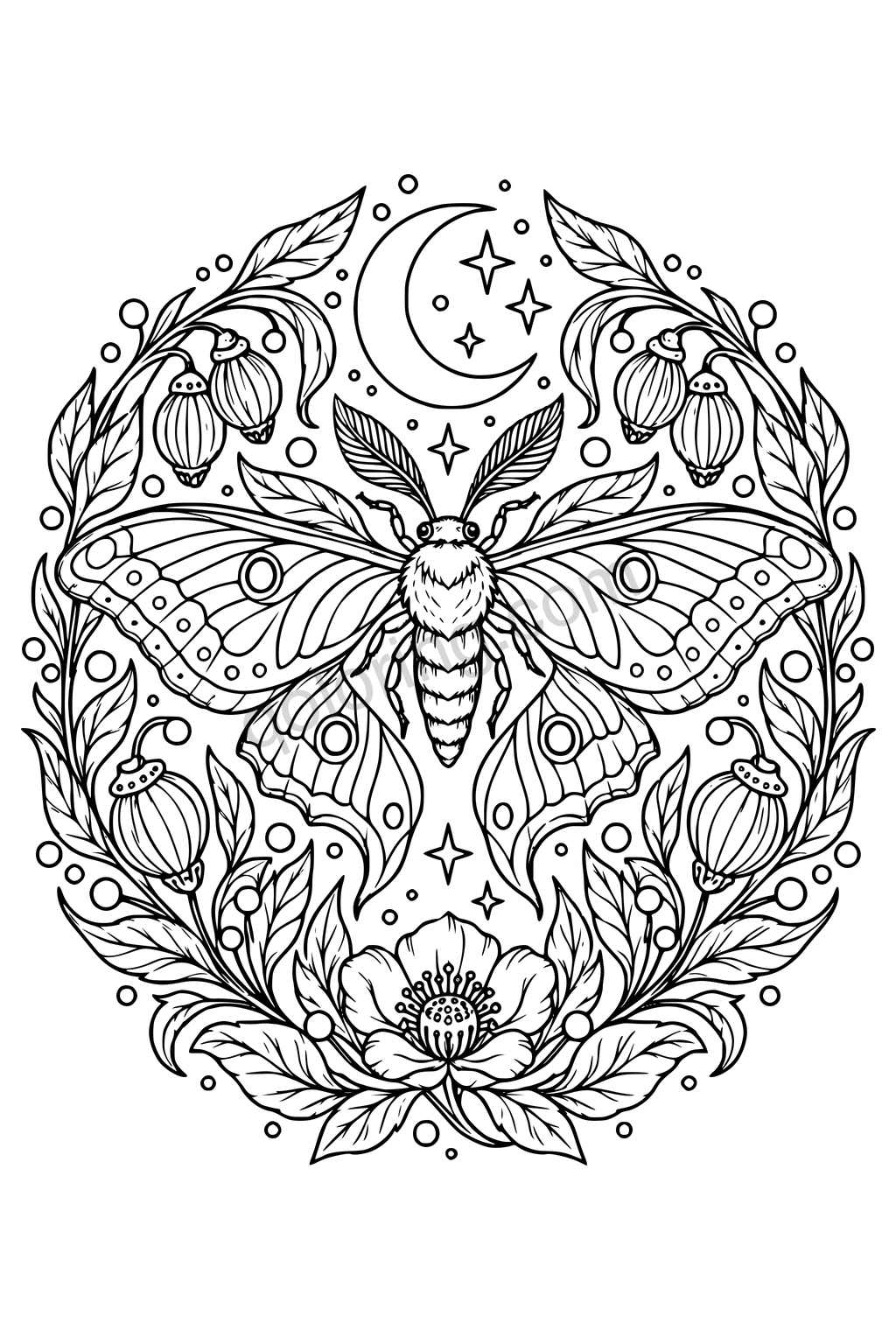 Moth with patterned outstretched wings inside an oval of leaves and seedpods, beneath a crescent moon and stars.