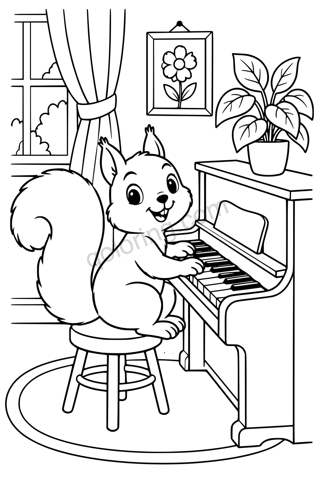 Squirrel playing a piano beside a curtained window, flower picture, and potted plant.