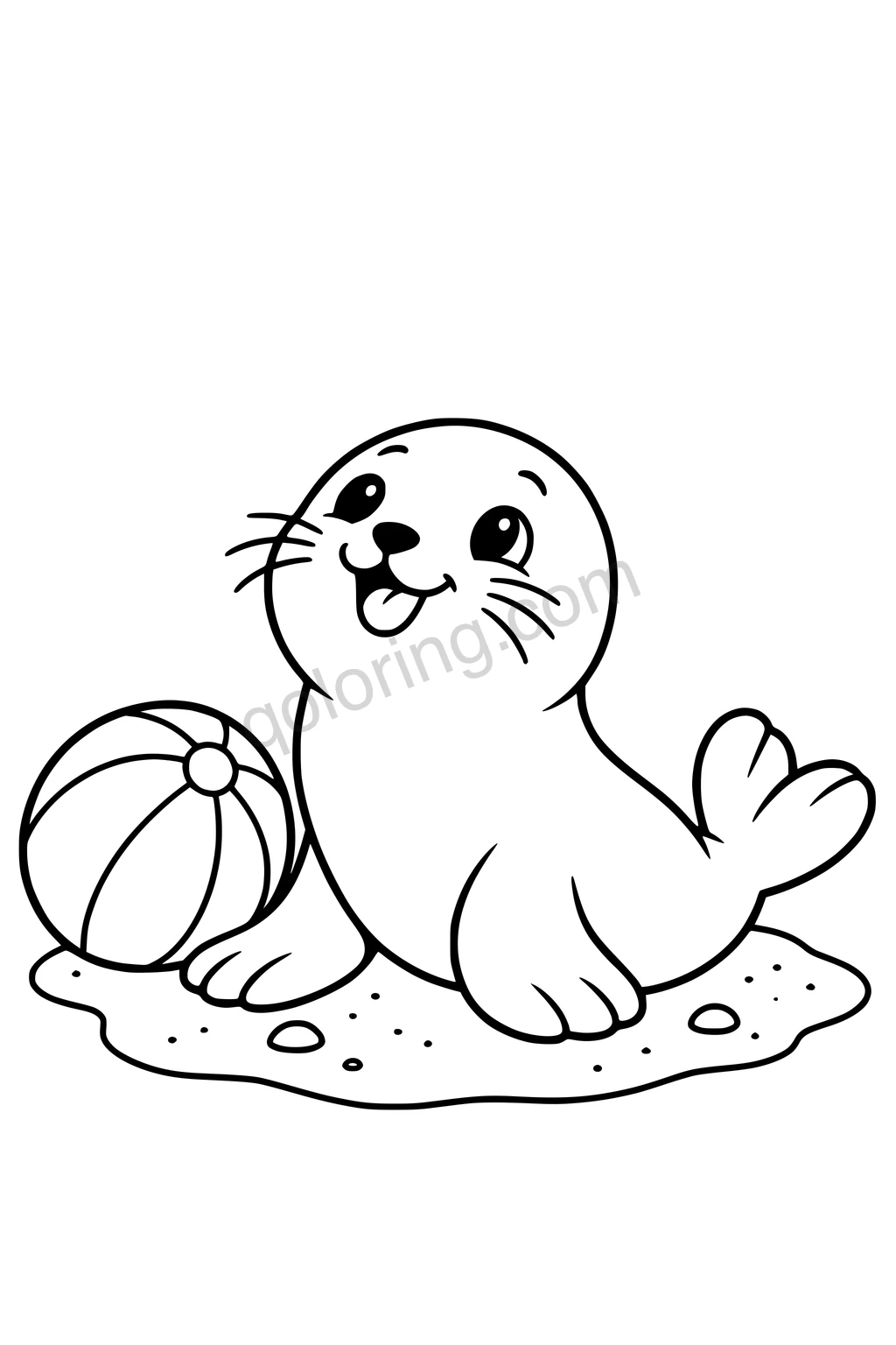Black outline coloring page: Seal Pup with a Beach Ball.
