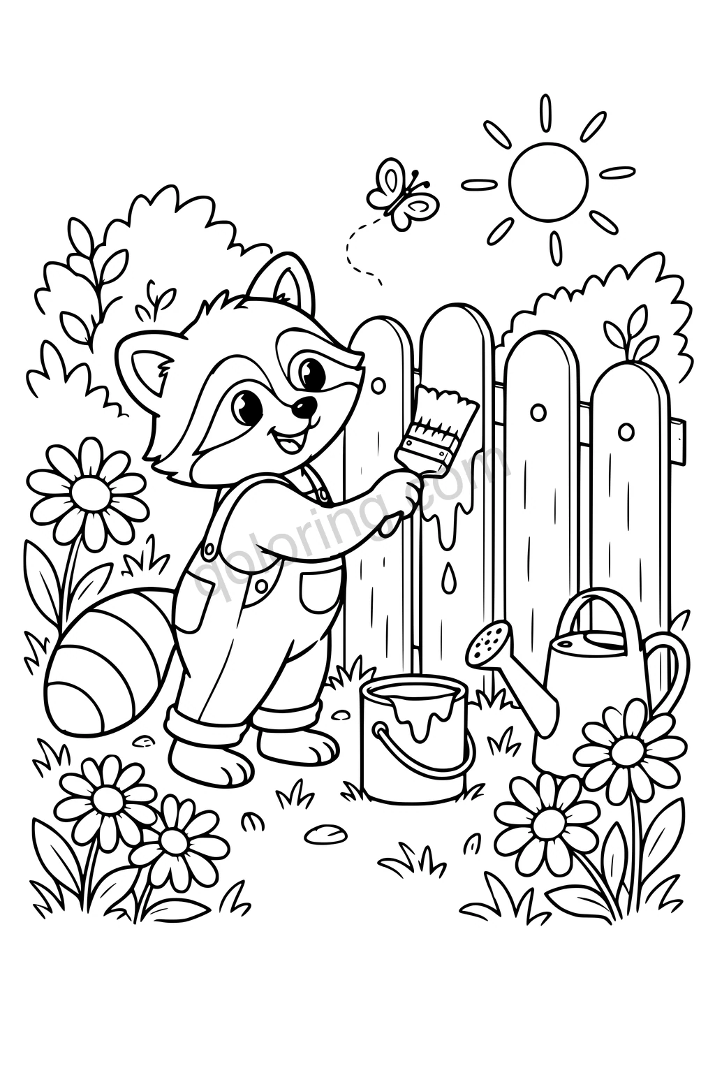 Raccoon painting a fence beside daisies, a paint bucket, watering can, and butterfly.