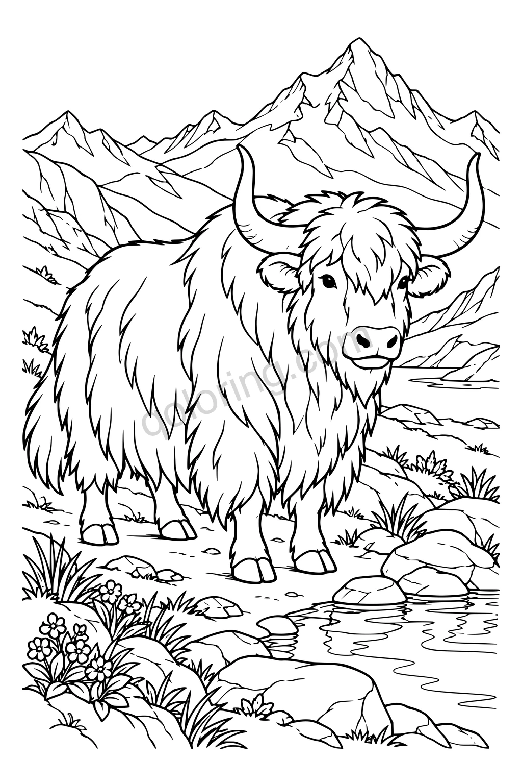 Black outline drawing of a yak at a mountain pass.