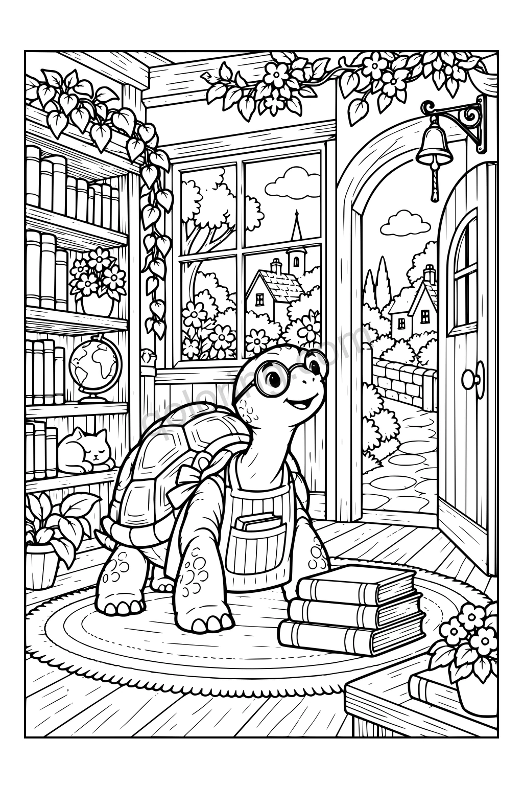 A tortoise with round glasses beside stacked books and shelves in a village bookshop.