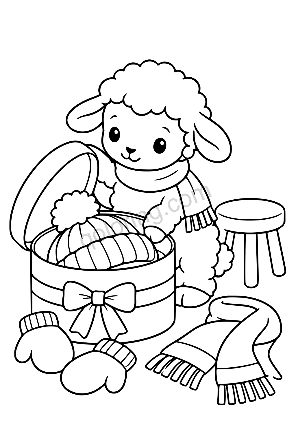 Black outline drawing of a lamb opening a broad round hat box with a large knitted winter hat inside, with mittens, a scarf and a simple round stool nearby, no fine knit texture.