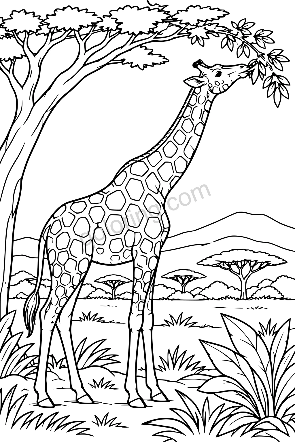 A giraffe reaches toward acacia leaves above a savanna landscape with grasses and distant trees.