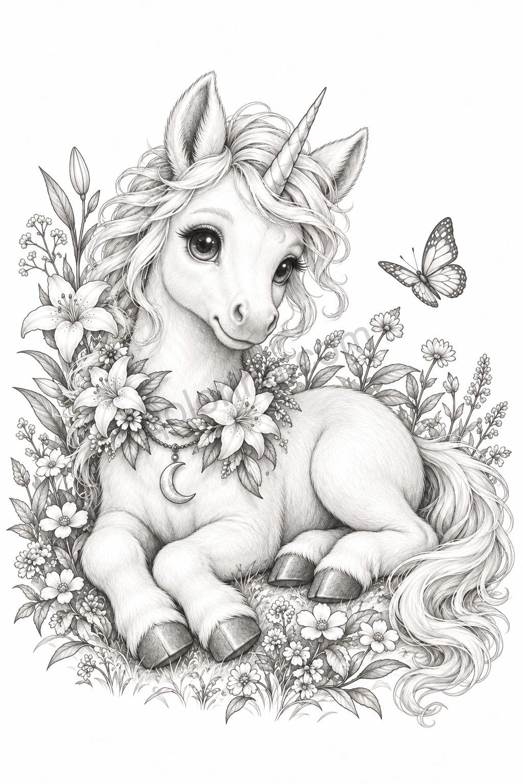 A baby unicorn with a flowing mane and lily garland rests beside wildflowers and a butterfly.