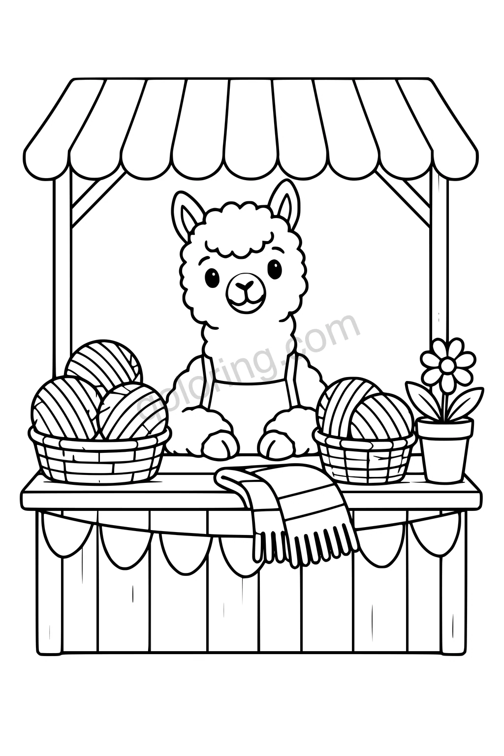 Alpaca at a wool stall with two baskets of yarn, a fringed scarf, and a potted flower.