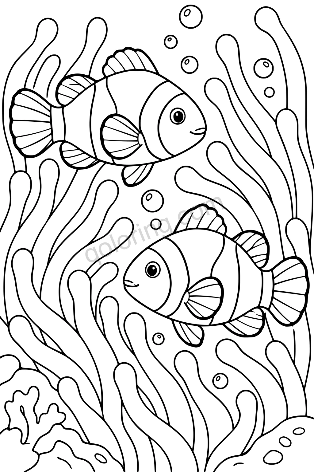 Two clownfish swim in opposite directions among broad sea anemone tentacles and bubbles.