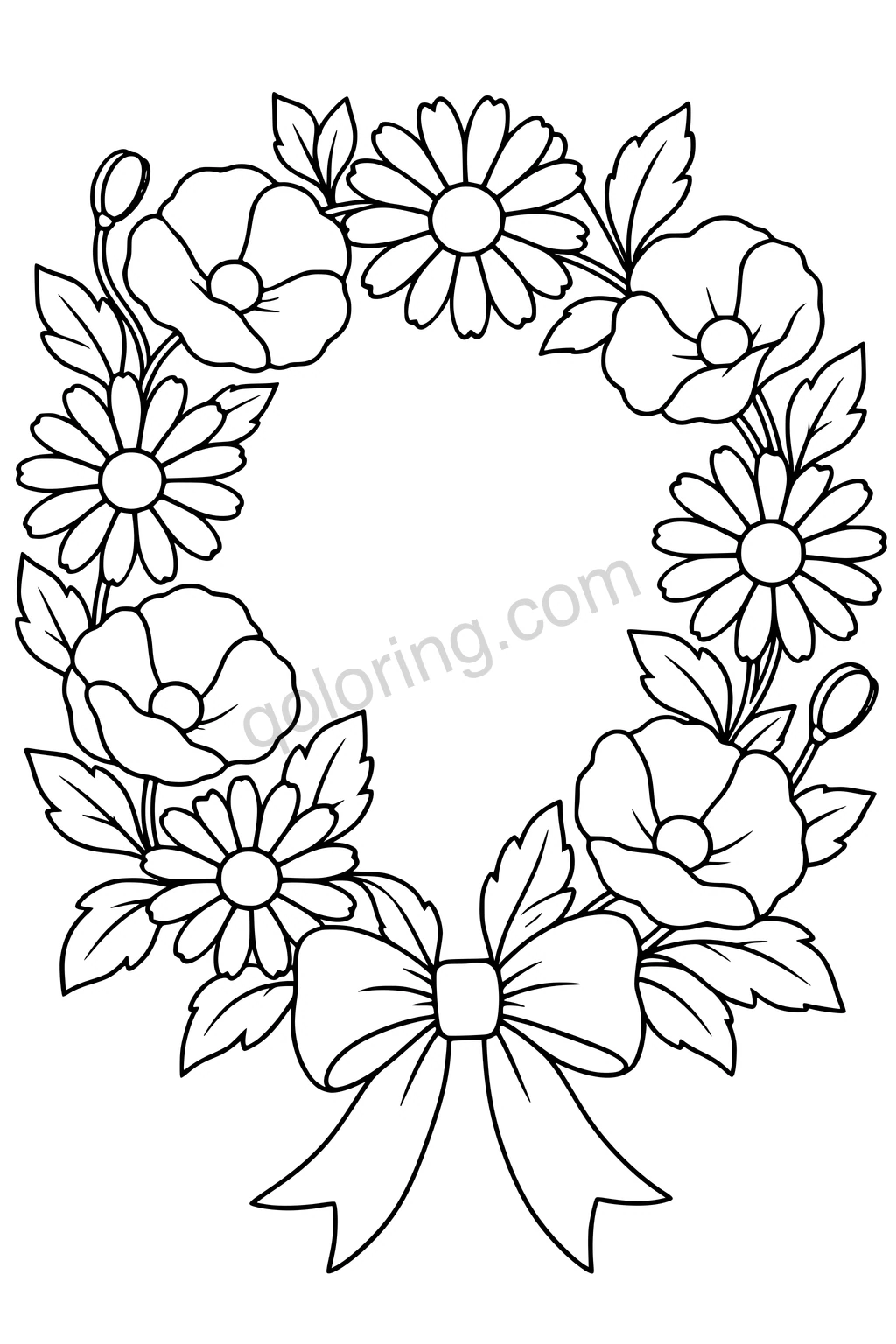 Black outline drawing of a daisy and poppy wreath with leaves and a large ribbon bow.