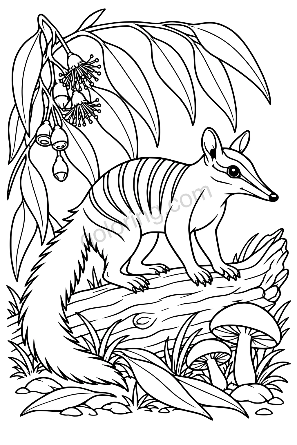 Black outline drawing of a numbat on a fallen log.