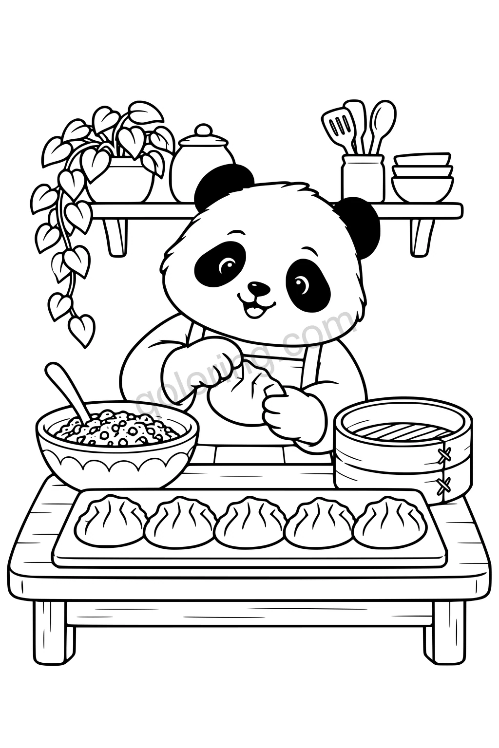 Black outline drawing of a panda behind a kitchen table folding one large dumpling, with a bowl of filling, a row of five broad dumplings and a simple bamboo steamer.