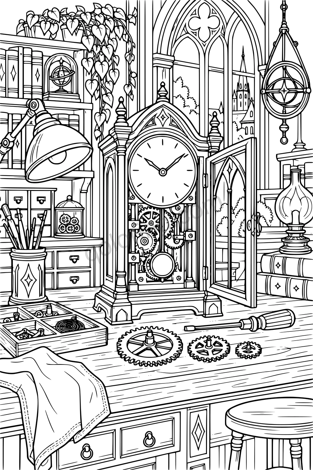 Open pendulum clock on a workbench with loose gears, a screwdriver, a task lamp, books and an arched window.