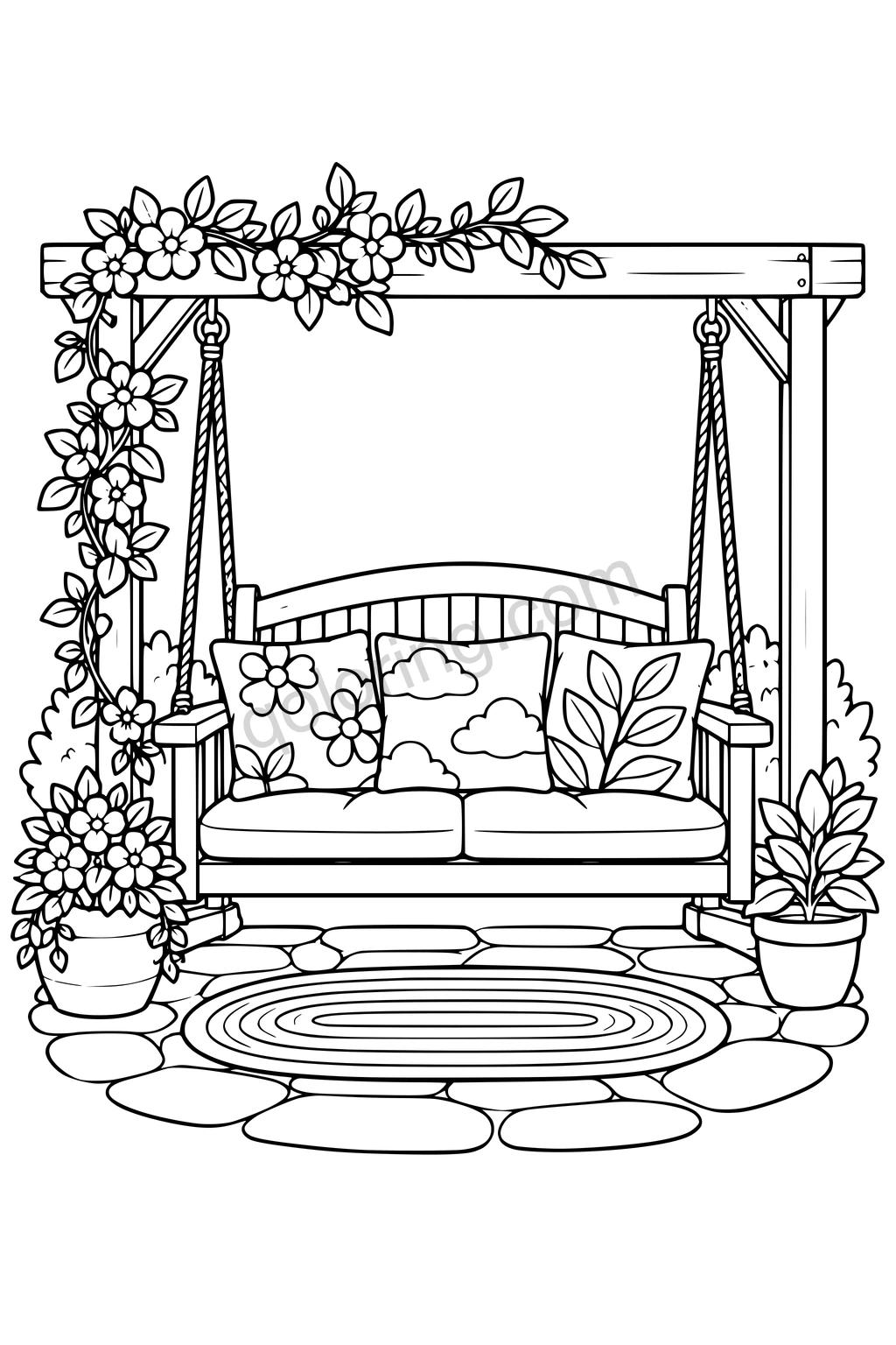Black outline drawing of a broad porch swing holding three large cushions with simple flower, cloud and leaf motifs, suspended from a simple frame with one climbing plant.