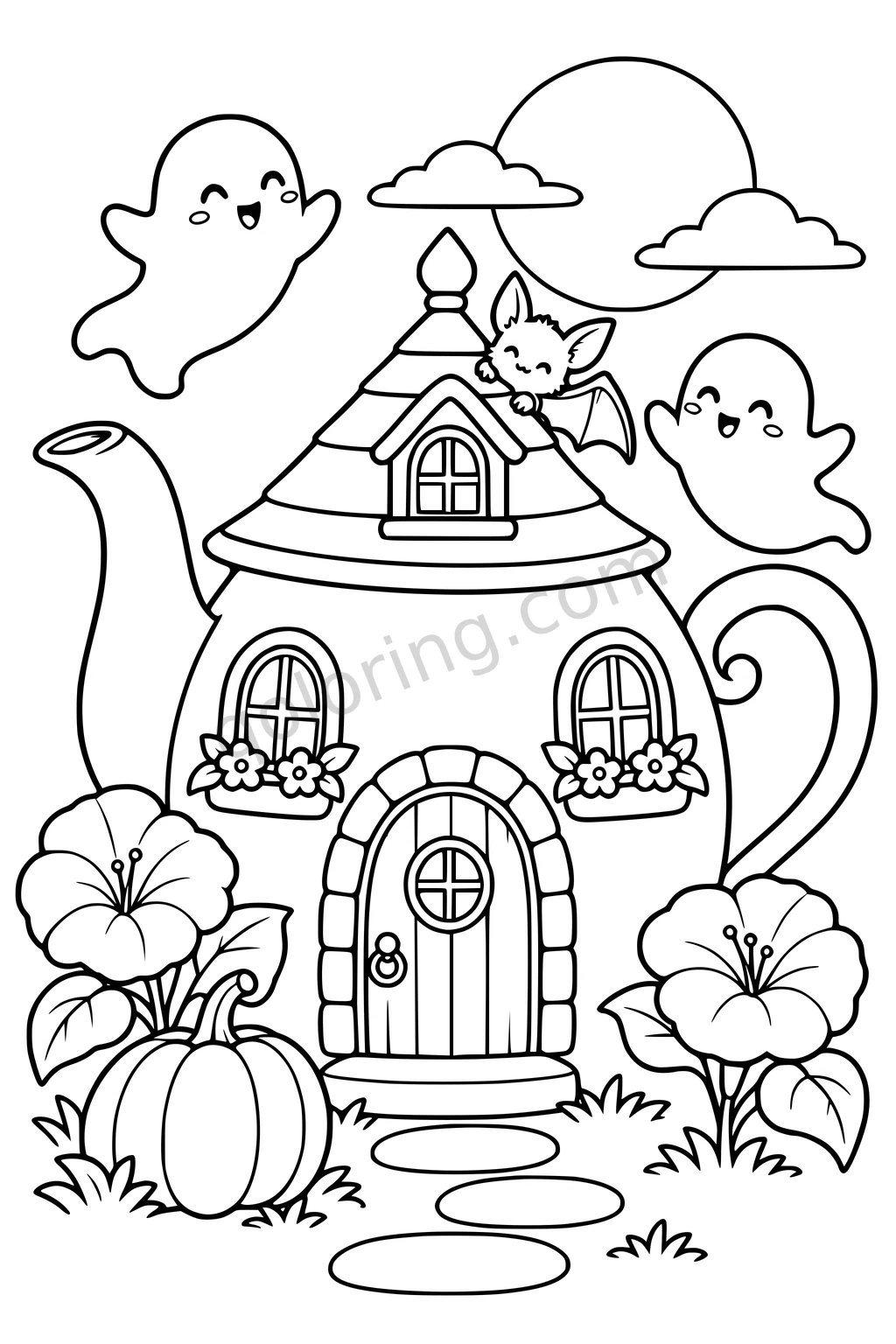 Two friendly ghosts float beside a teapot-shaped cottage with a bat on its roof, flowers, a pumpkin and a stone path.