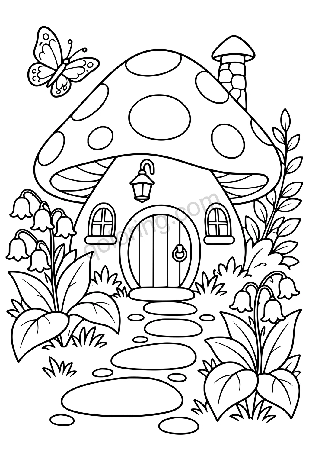 Black outline drawing of a mushroom cottage with a rounded door, two windows, a chimney, bell-shaped flowers, and a butterfly.