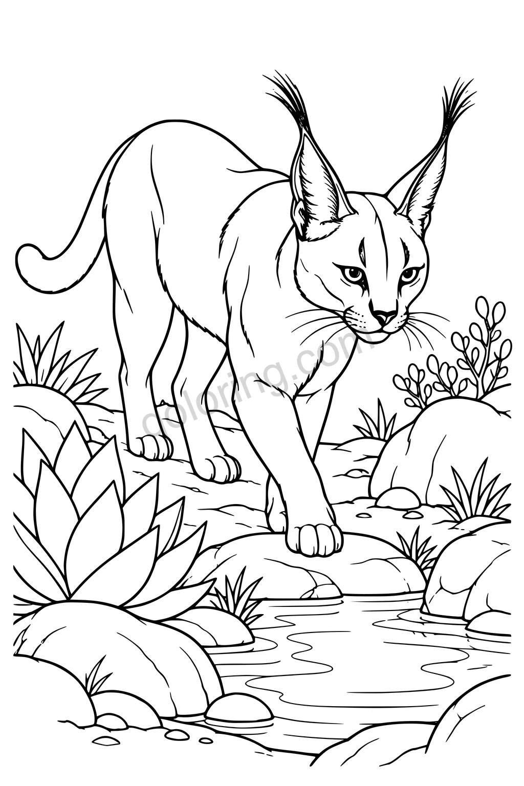 Black outline drawing of a caracal at a rocky spring.