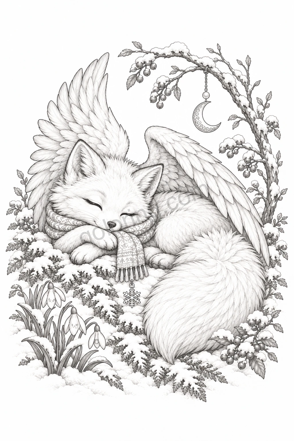 A winged arctic fox sleeps in a scarf beneath a hanging crescent moon and snow-dusted branches.