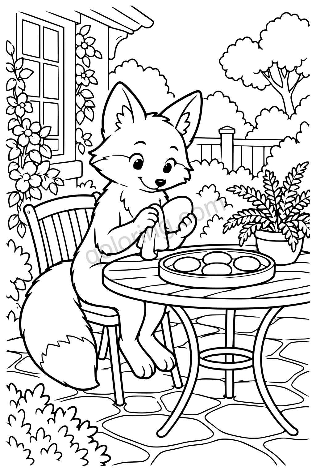 Black outline drawing of a seated fox at a simple patio table gently polishing a large smooth pebble with a cloth, with a shallow tray of five rounded pebbles and a low fern pot.