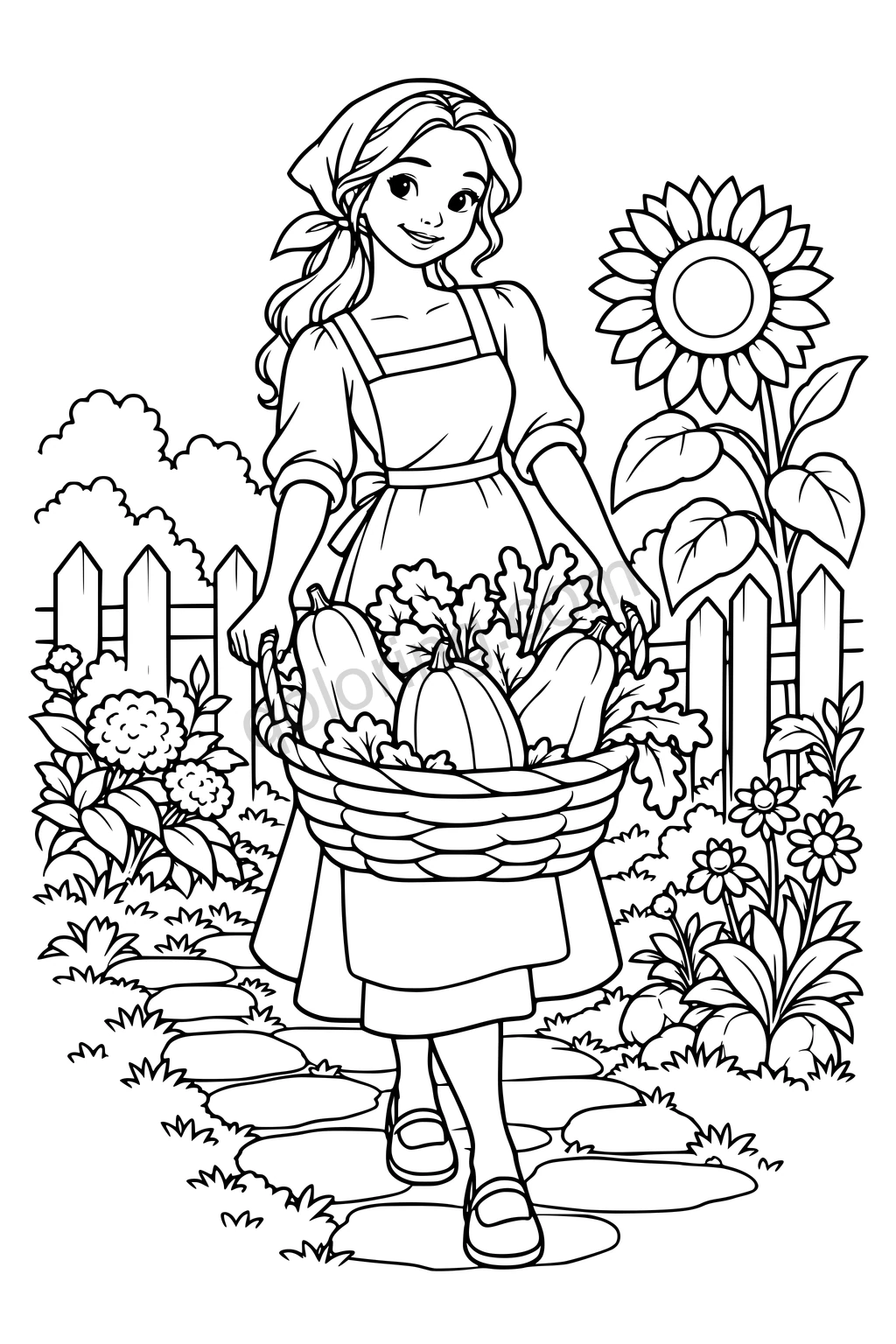Black outline drawing of a woman carrying a harvest basket through a flower garden.