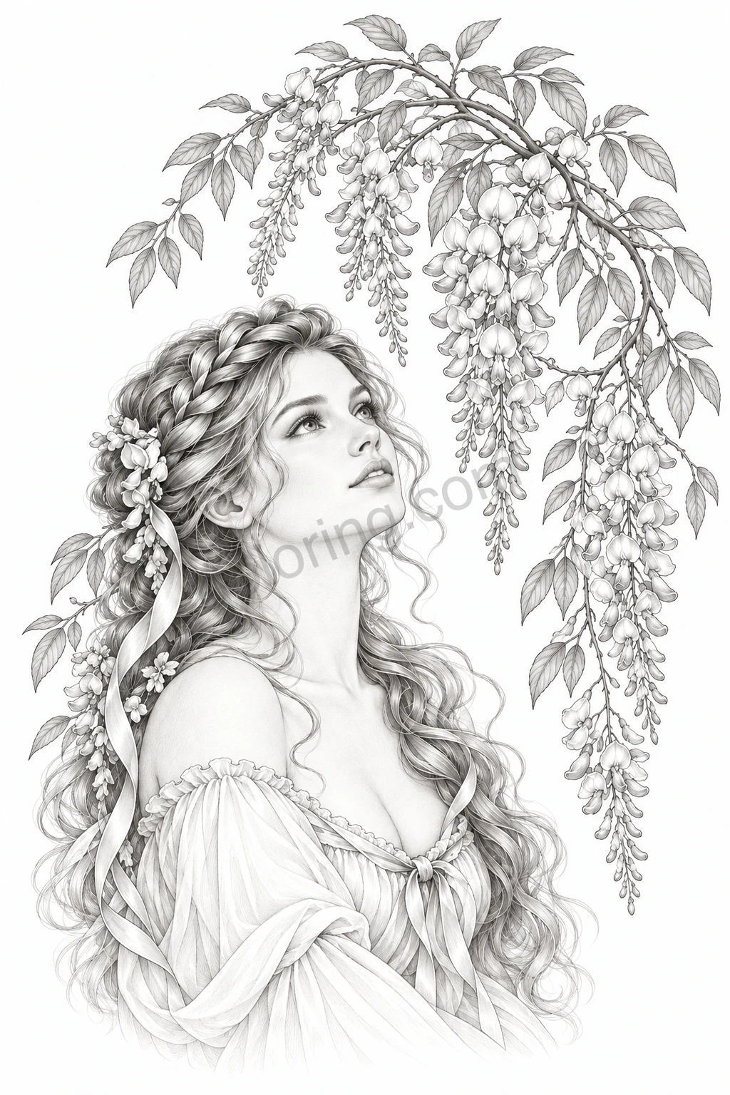 A thoughtful woman with braided hair gazes upward beneath cascading wisteria blossoms.