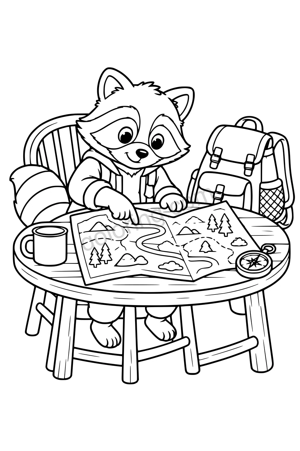 Black outline drawing of a raccoon seated at a round table pointing to a broad folded map with simple winding paths but no text, with a compass, backpack and one mug.