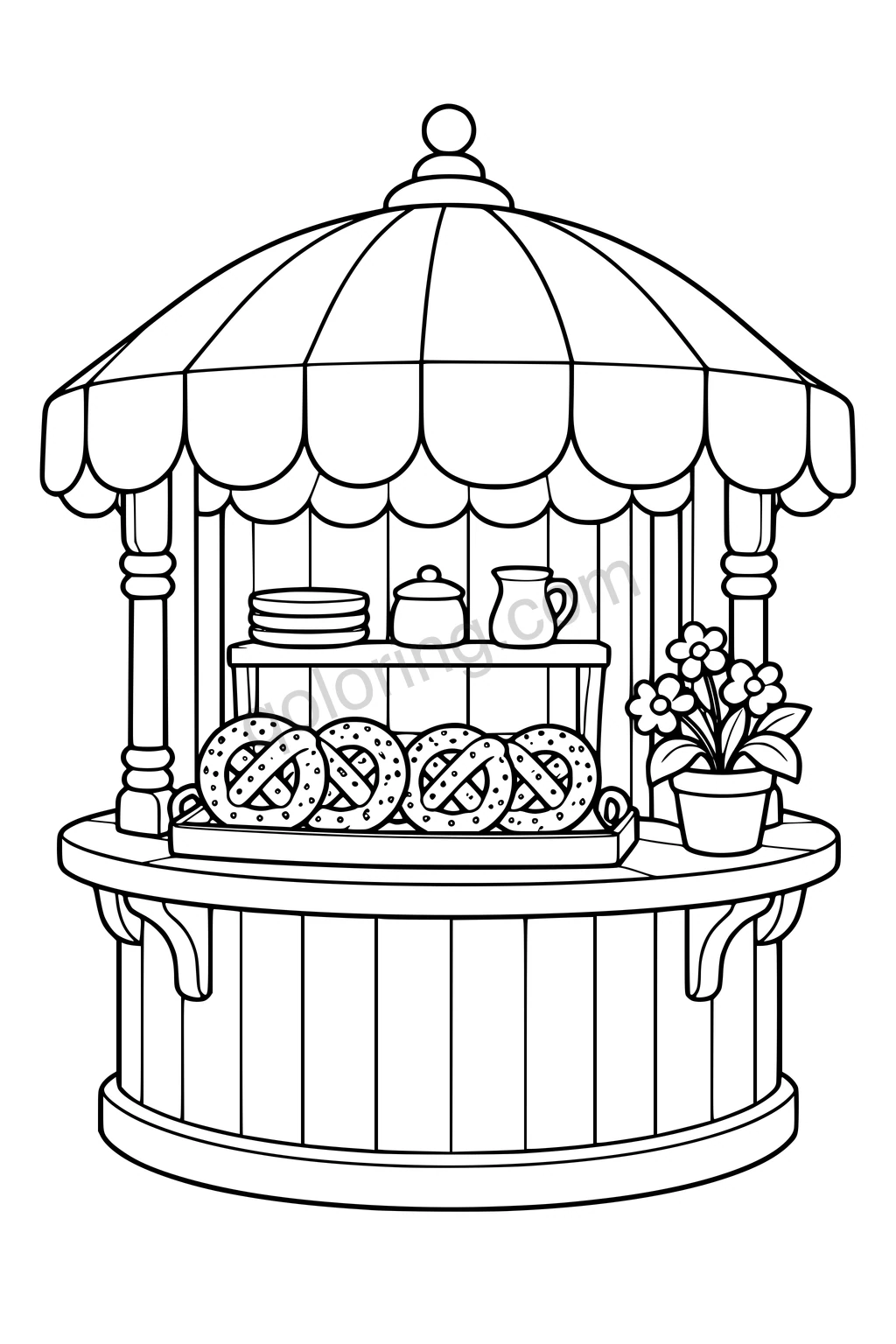 Black outline drawing of a charming unoccupied rounded kiosk with a broad awning, a tray of four large pretzels, a simple counter and a potted flower, with no signboards or writing.