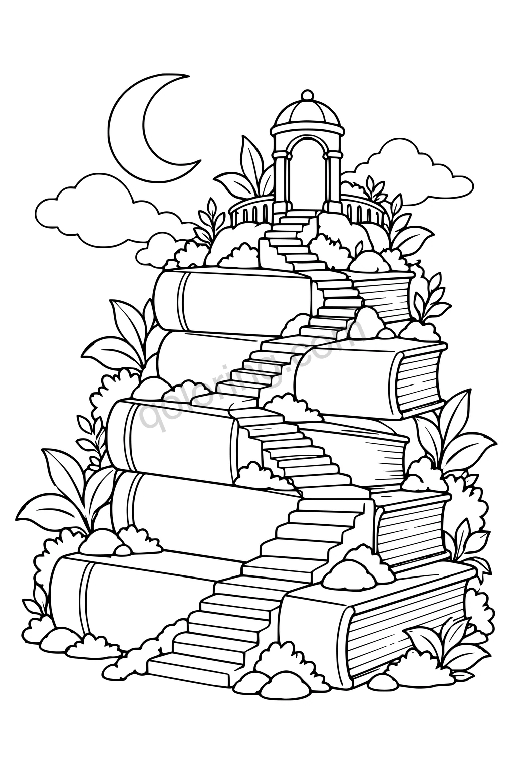 Black outline drawing of stairs climbing stacked giant books to a small lookout.