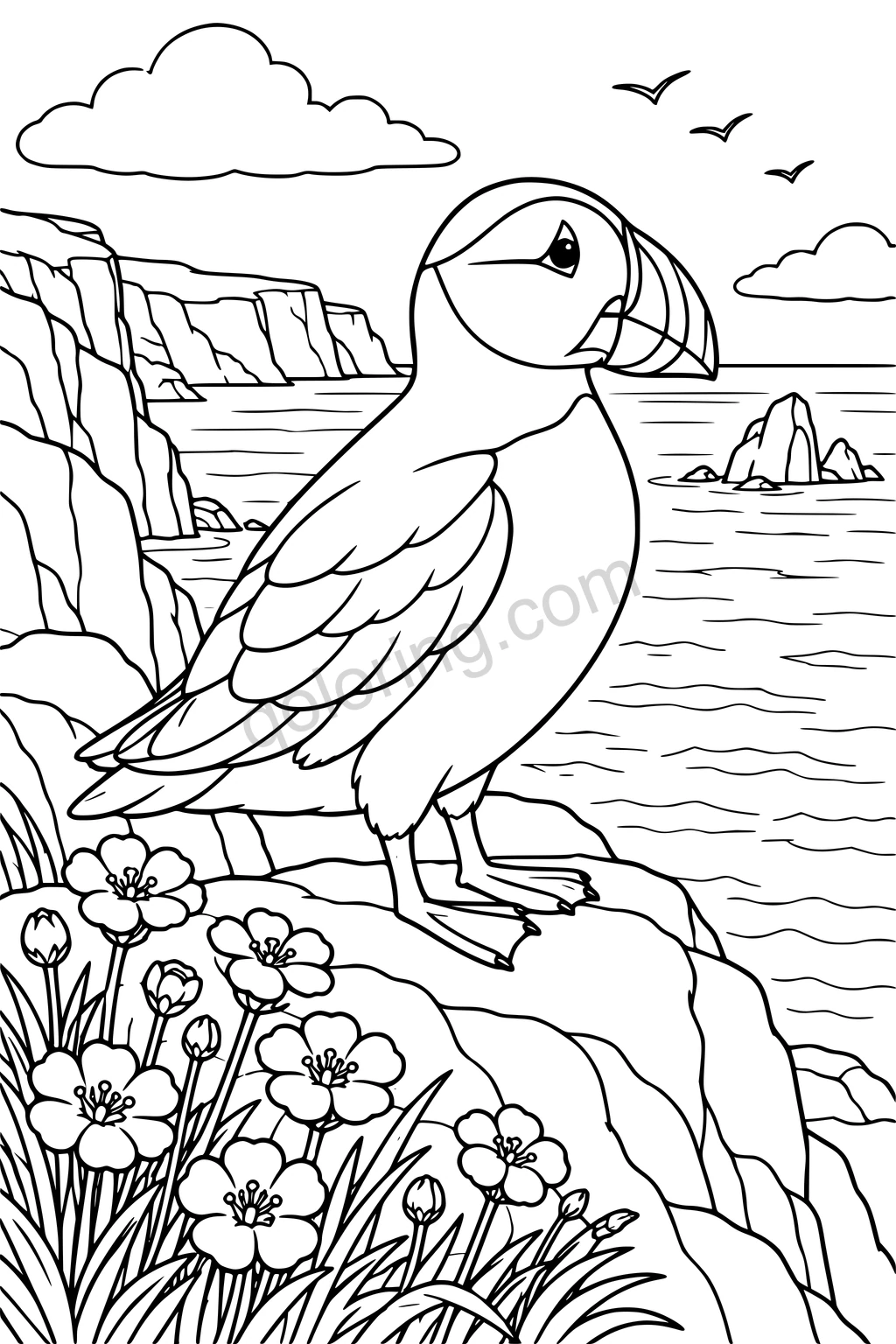 A puffin stands on a coastal rock beside broad-petaled flowers, with sea cliffs and waves behind.