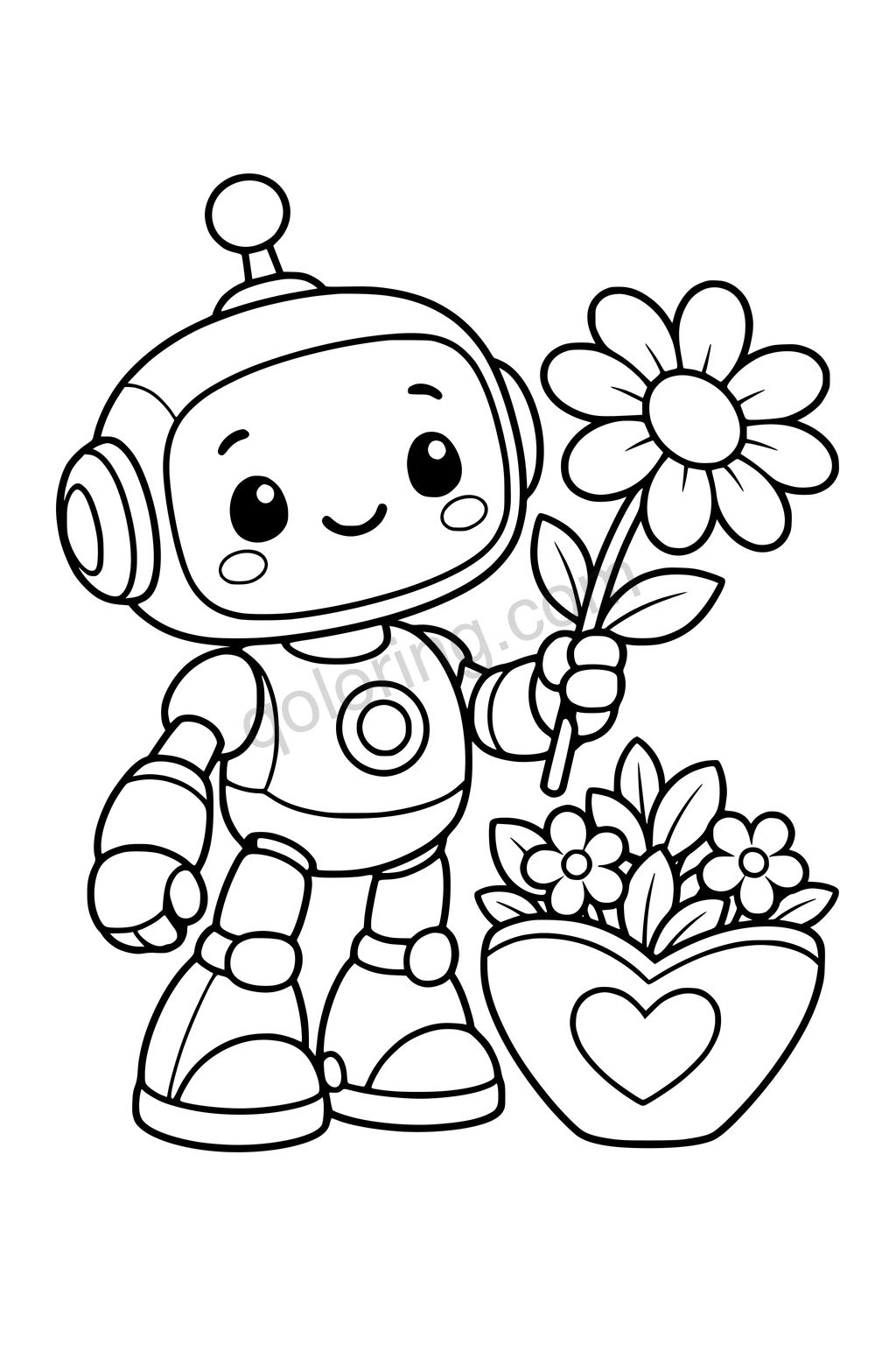 Black outline coloring page: Little Robot with a Daisy.