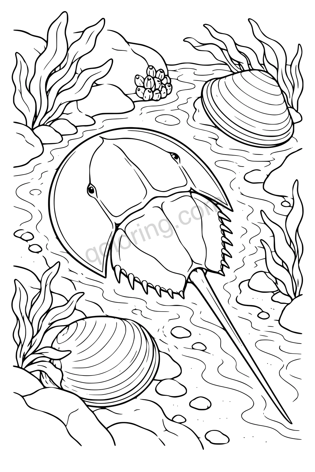Black outline drawing of a horseshoe crab in a tidal channel.