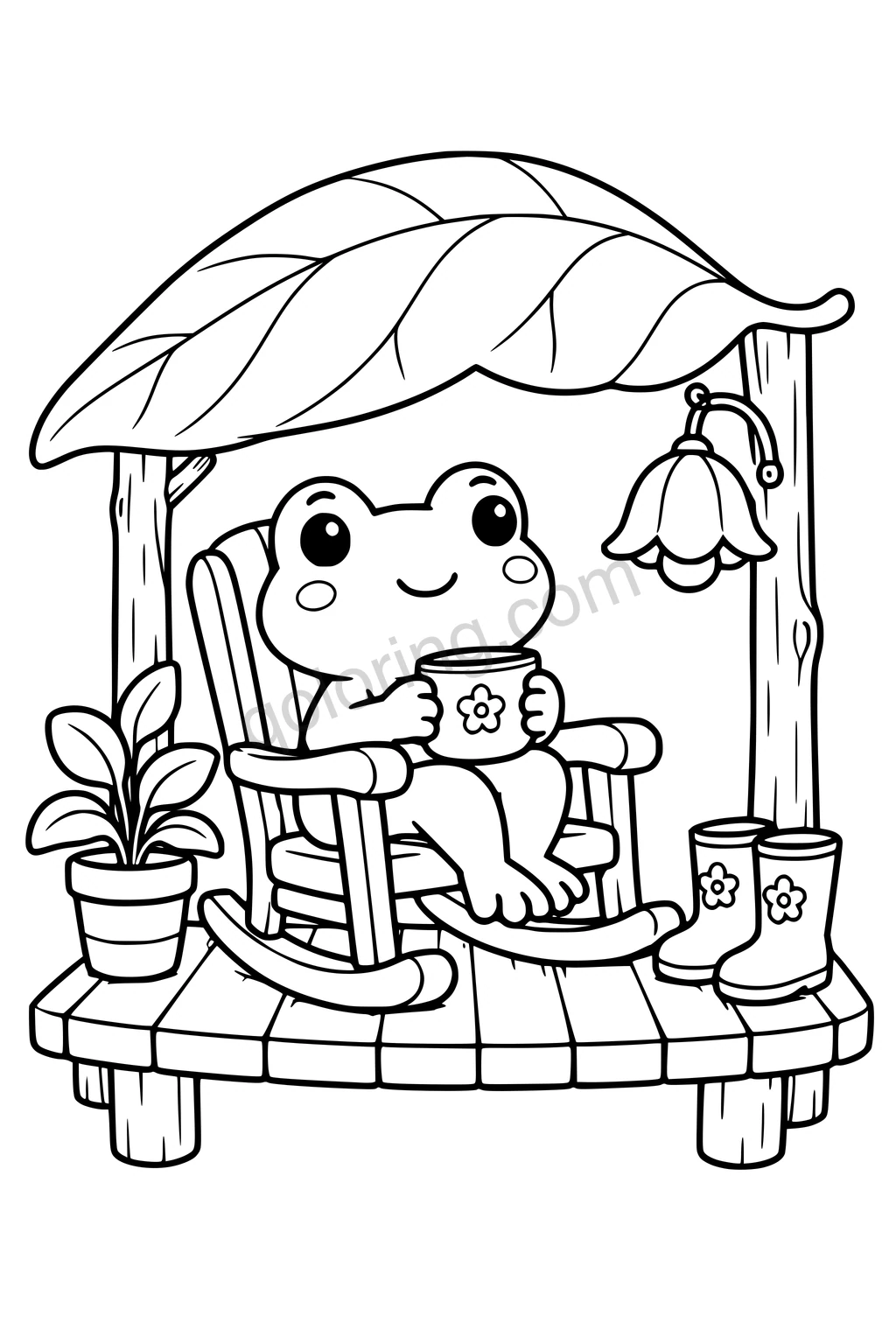 Black outline coloring page: Frog's Rainy Day Porch.