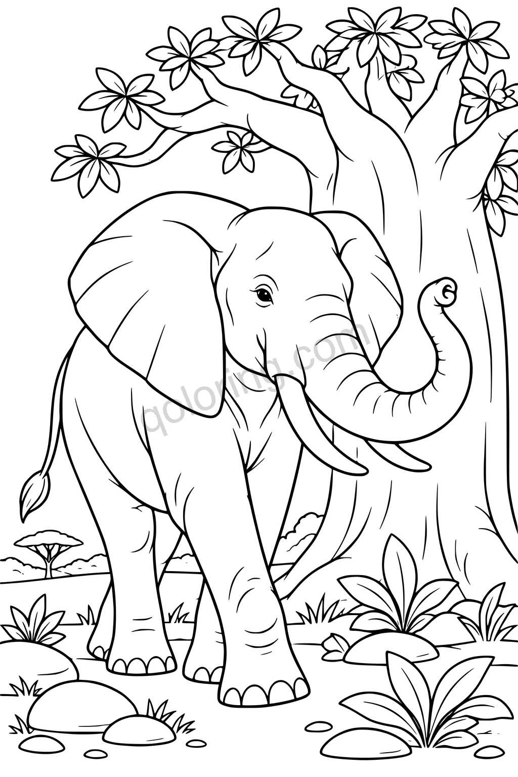 An elephant with a raised curled trunk walks beside a baobab tree among broad leaves and stones.