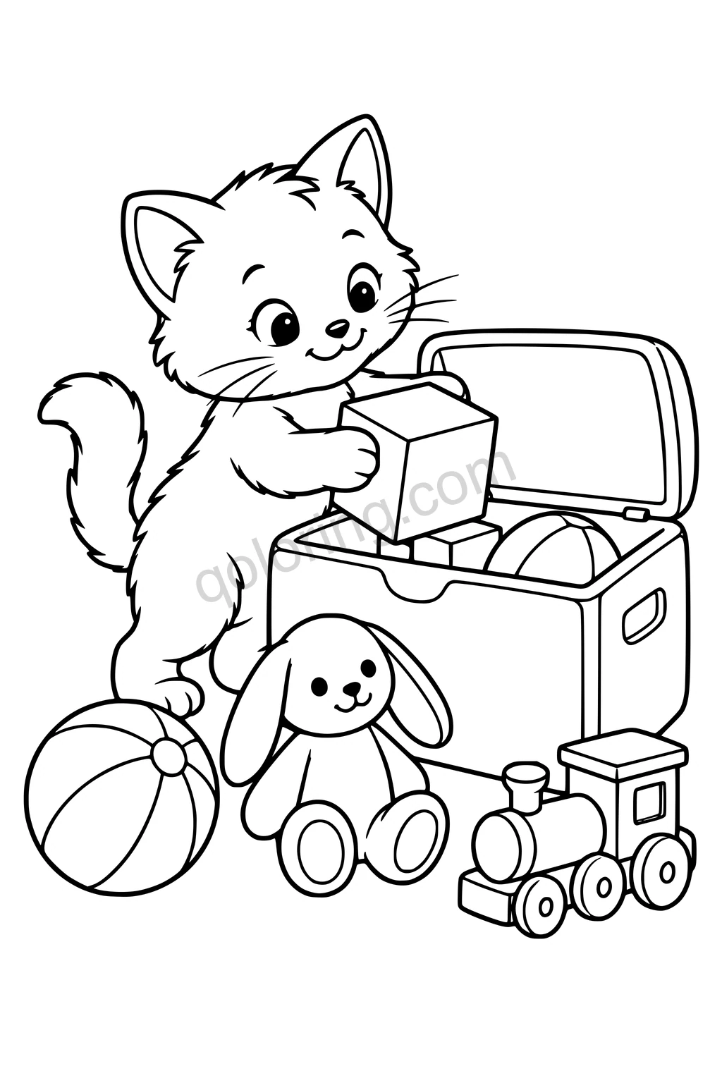 Black outline drawing of a kitten putting a large toy block into an open rounded toy chest, with a ball, a simple stuffed rabbit and a wooden toy train neatly separated nearby.