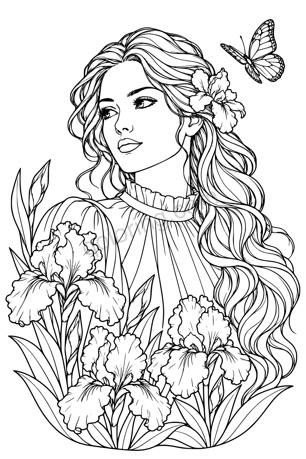 Black-line portrait of a woman with long wavy hair, iris flowers, broad leaves and a butterfly.