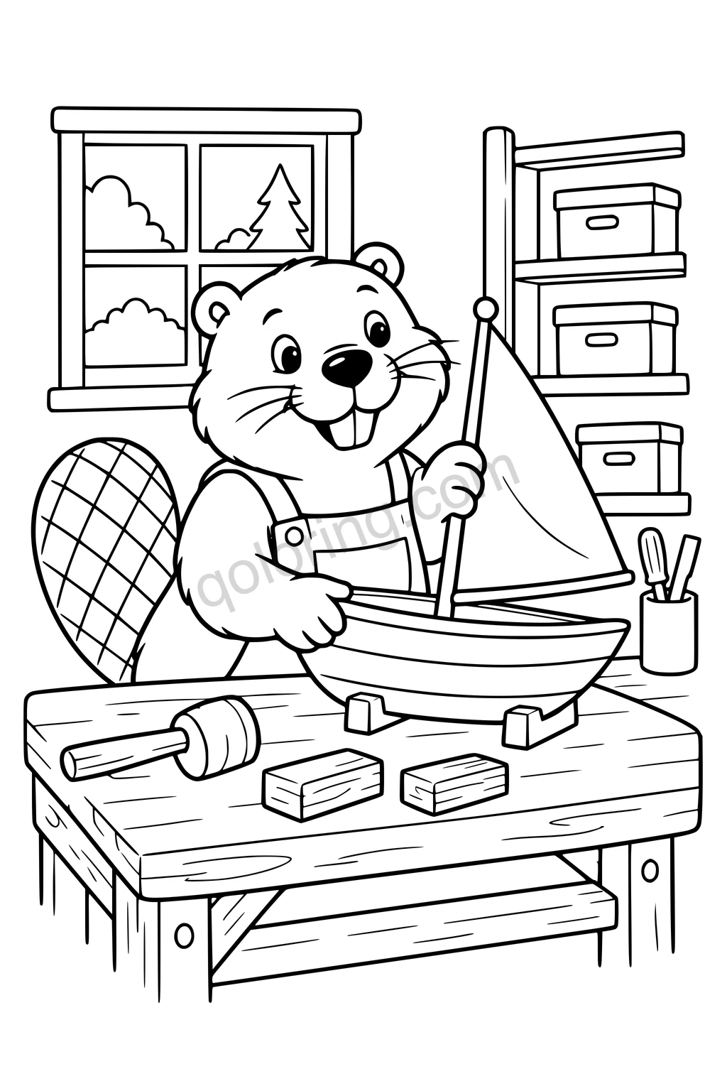 Beaver building a toy sailboat on a workbench with a mallet, wooden blocks, and storage shelves.