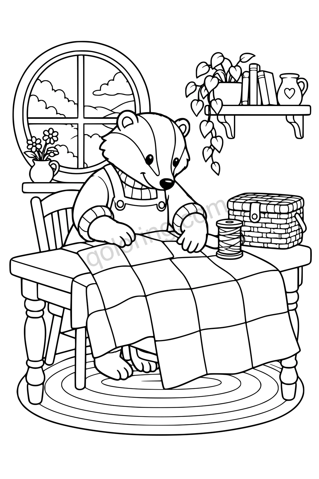 Badger making a large patchwork quilt beside a sewing basket, spool of thread, and round window.