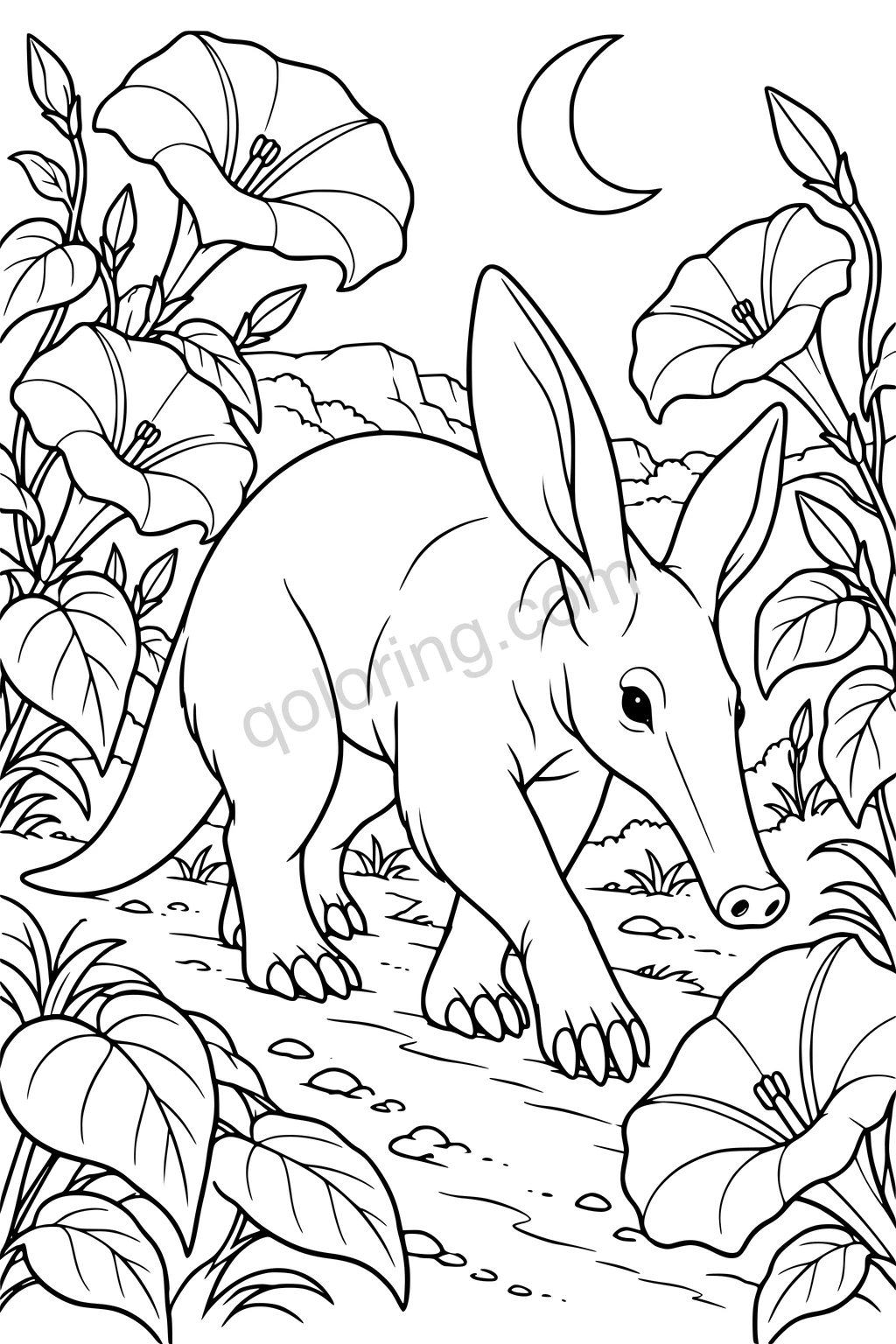 Black outline drawing of an aardvark on a moonflower trail.